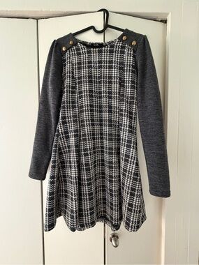 LAP Black & White Plaid Knit Tweed Dress with Gray Sleeves